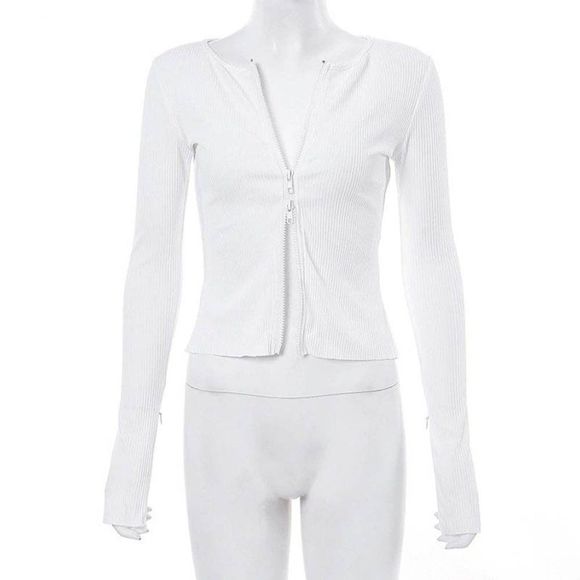 Ribbed Long Sleeve Two Way Zip Up Top (M) - Picture 2 of 6